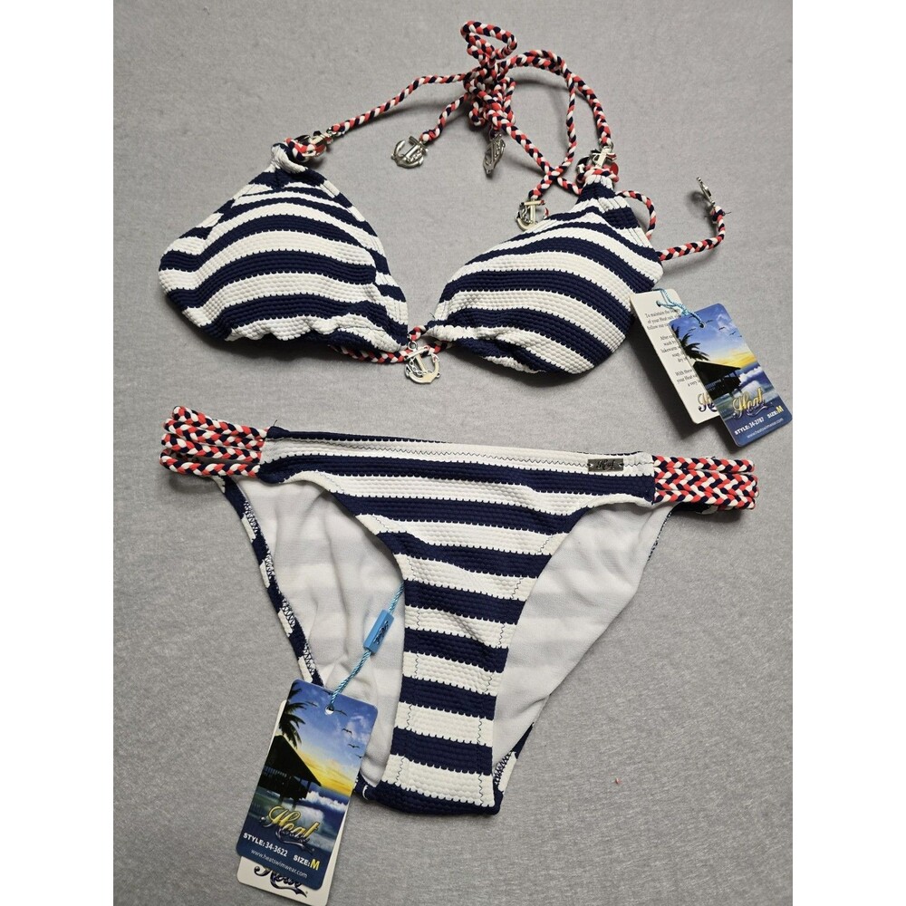 Heat Swimwear Anchors Away Bikini Set Navy White Striped Nautical Size M NWT